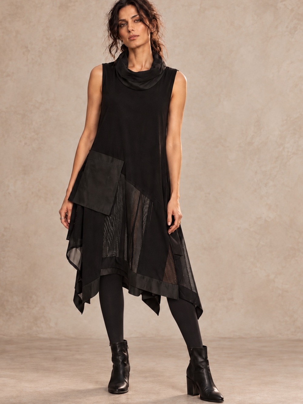 Joseph Ribkoff Black Tunic Top 8 Asymmetrical Cowl Neck Lagenlook Avant Garde